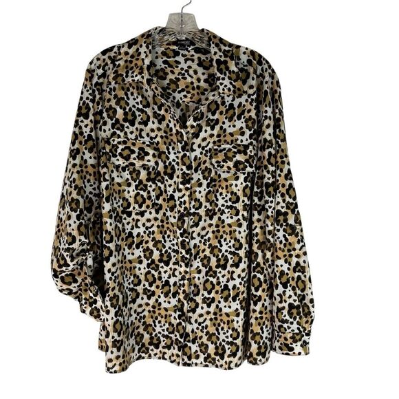 Elementz Button Down Shirt Women’s Brown Black Animal Cheetah Roll Tab Sleeve 2X - Picture 1 of 12